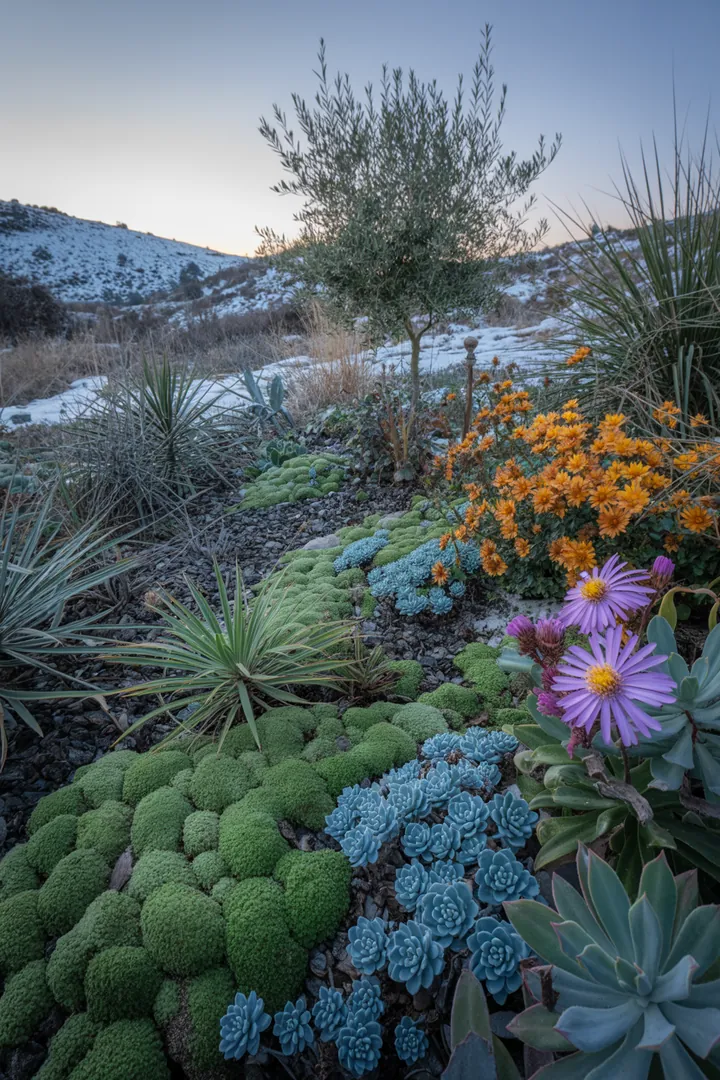 Bunt blühende Gartenpflanzen in einem schattigen Bereich, darunter violette und blaue Blüten sowie pflegeleichte, wintergrüne Arten mit silbrigem Laub.