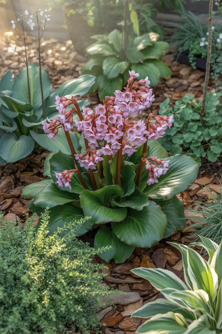 Bunt blühende Pflanzen im Garten, darunter violette und blaue Blüten, schattentolerante Arten und wintergrüne Bodendecker, die pflegeleicht sind und Duft verbreiten.
