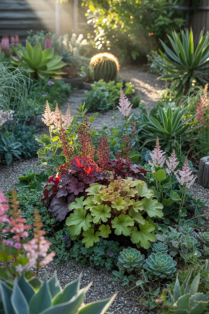 Bunt blühende Gartenpflanzen in einem schattigen Umfeld, darunter violette, blaue und gelbe Blüten, sowie wintergrüne Arten mit silbrigem Laub und duftenden Kräutern.