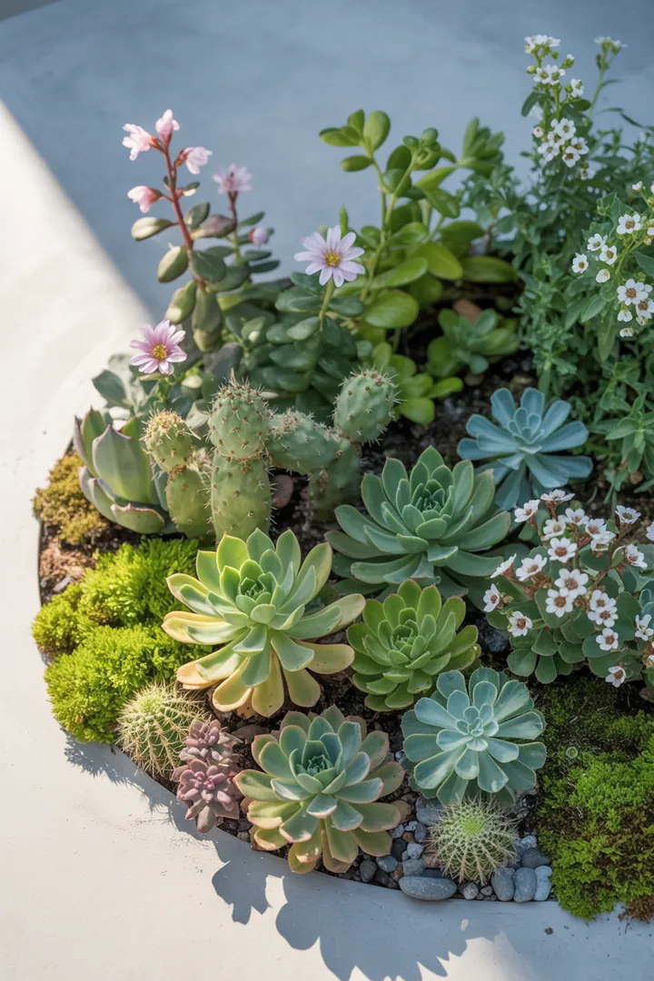 Vielseitige Pflanzenvielfalt mit violetten Blüten, schattentoleranten Bodendeckern und duftenden Kräutern in einer harmonischen grünen Umgebung.