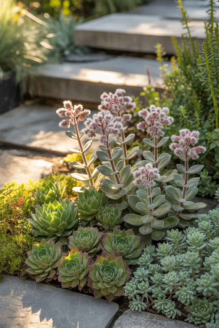 Bunte Flora mit schattentoleranten Pflanzen und duftenden, violetten Blüten, die pflegeleichte Bodendecker und wintergrüne Laubzierde umfassen.