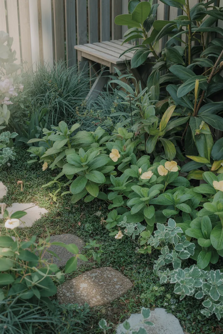 Bunte, schattenverträgliche Pflanzen mit verschiedenen Blüten und Blättern, ideal für pflegeleichte Gärten und trockene Standorte.