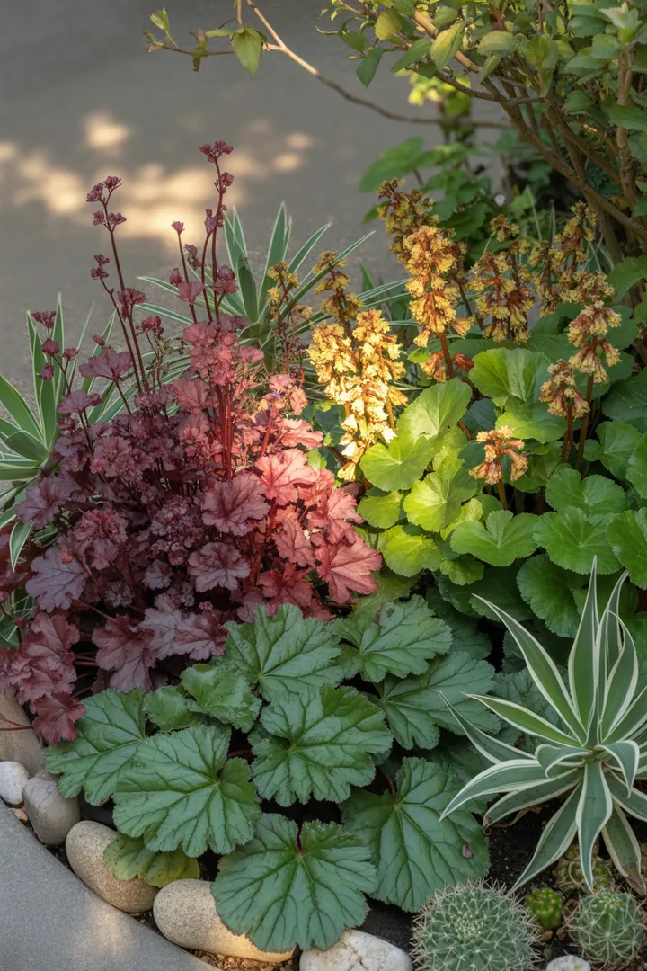 Bunt blühende Pflanzen in einem schattigen Gartenbereich, darunter violette, blaue und goldene Blüten, die pflegeleicht und wintergrün sind. Ideal für dekorative Akzente und duftende Bodendecker.
