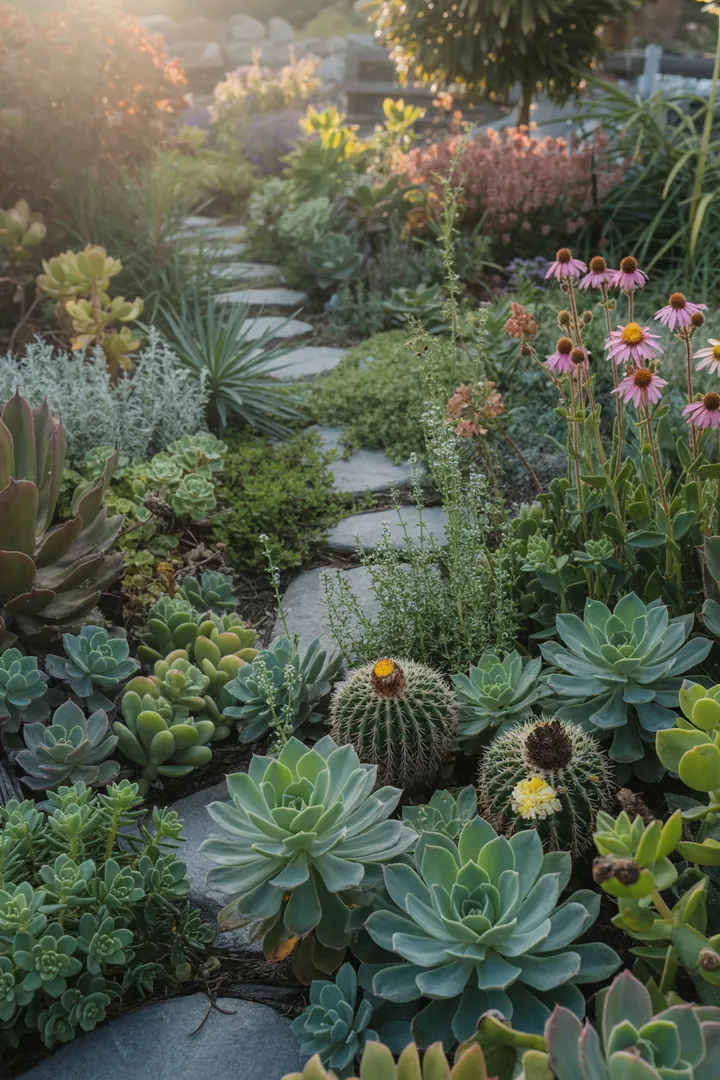 Bunte Gartenlandschaft mit verschiedenen immergrünen Pflanzen, darunter violette Blüten und duftender Feld-Thymian, ideal für schattige Plätze und pflegeleichte Bereiche.