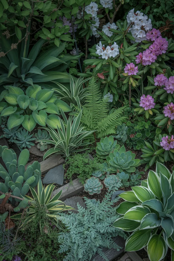 Bunt blühende, pflegeleichte Pflanzen in einem schattigen Gartenbereich, ideal für vielfältige Bodendecker mit verschiedenen Texturen und Farben.