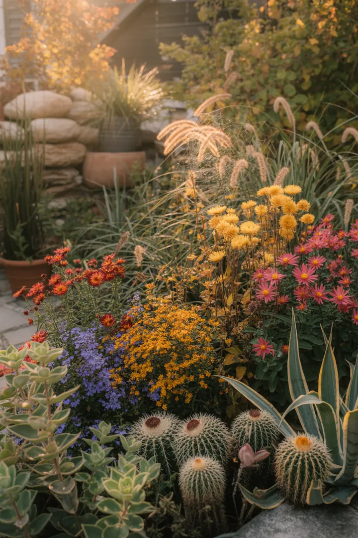 Eine vielfältige Gartenlandschaft mit immergrünen Pflanzen, violetten Blüten, schattenverträglichen Bodendeckern und duftenden Kräutern, die harmonisch zusammenwachsen.