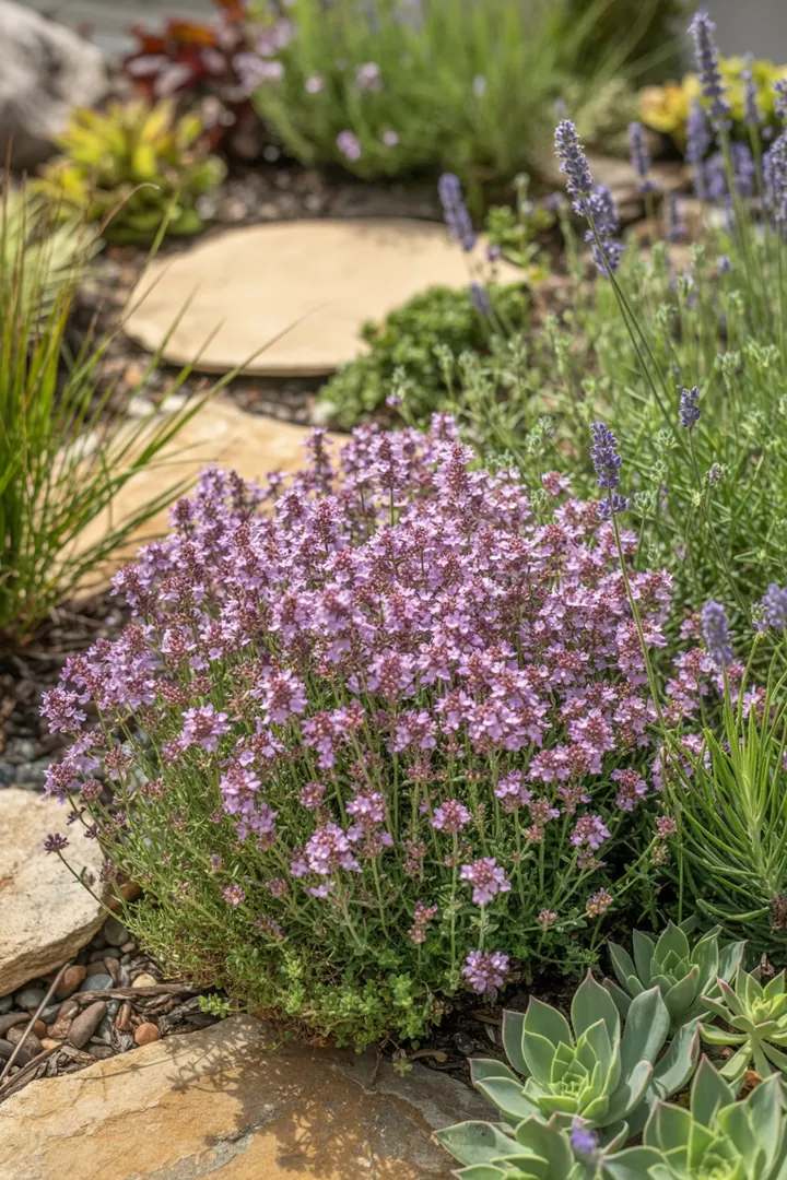 Bunte Gartenlandschaft mit verschiedenen Pflanzen: Immergrün, schattenverträgliche Arten, duftende Kräuter und robuste Sukkulenten ergänzen die Vielfalt.