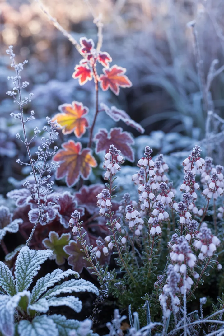 Winterliche Gartenlandschaft mit vielfältigen Pflanzen, darunter robuste Winterblüher und pflegeleichte Bodendecker, die Farben und Texturen harmonisch vereinen.