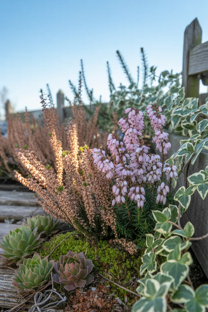 Bunte Winterblüten und pflegeleichte Pflanzen in einem Gartenarrangement, das Robustheit und Duft vereint. Ideal für kreative Gartenliebhaber.