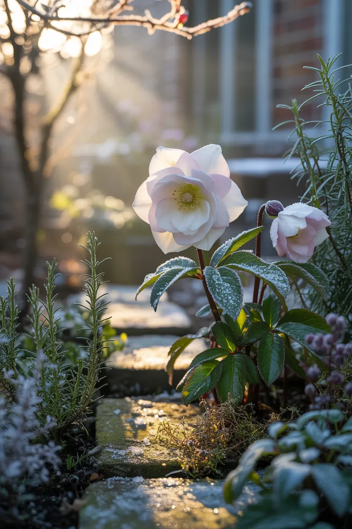 Vielfältige Winterblüher und pflegeleichte Pflanzen, darunter die Christrose, Hauswurz und immergrüne Begleiter, schaffen farbenfrohe Akzente in der kalten Jahreszeit.