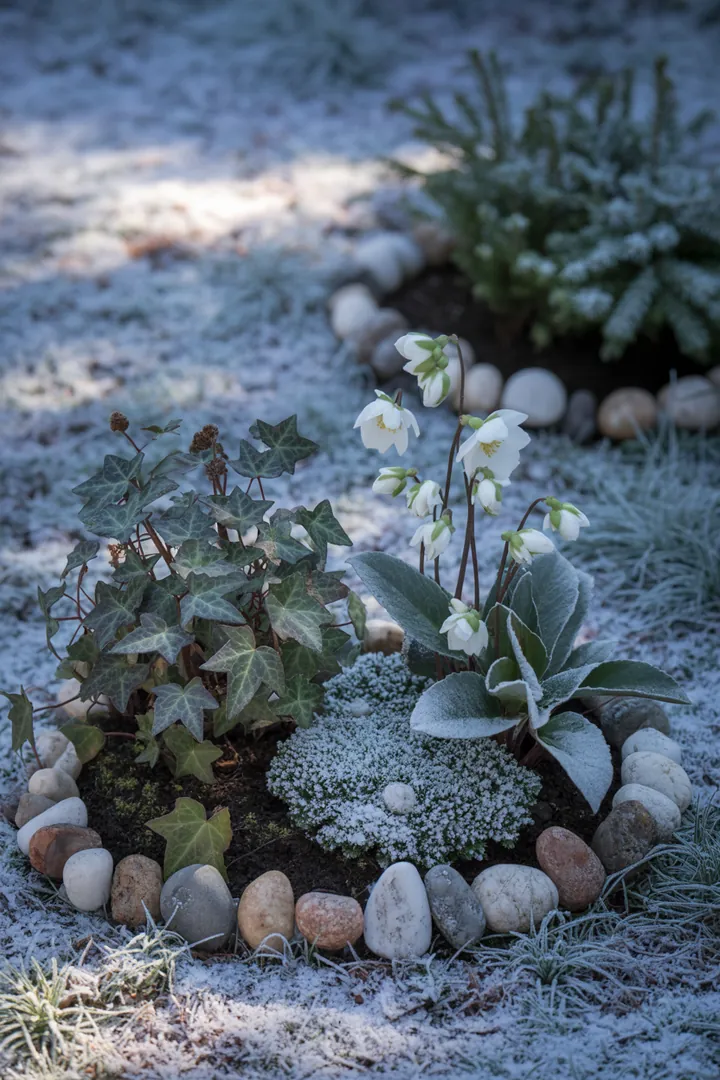 Winterblühende Pflanzen und robuste Bodendecker in einer frostigen Landschaft, die Farben und Texturen harmonisch vereinen.