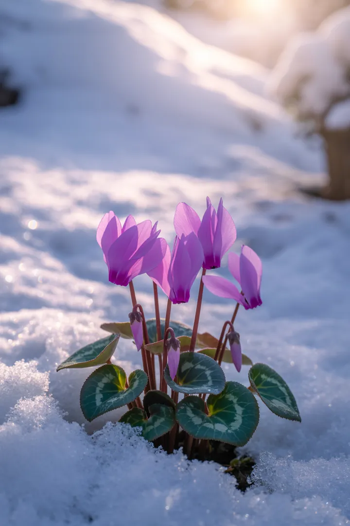 Ein winterlicher Garten mit vielfältigen Pflanzen, darunter robuste Blüten und pflegeleichte Begleiter, die Farben und Düfte verbreiten. Ideal für naturnahe Gärten.
