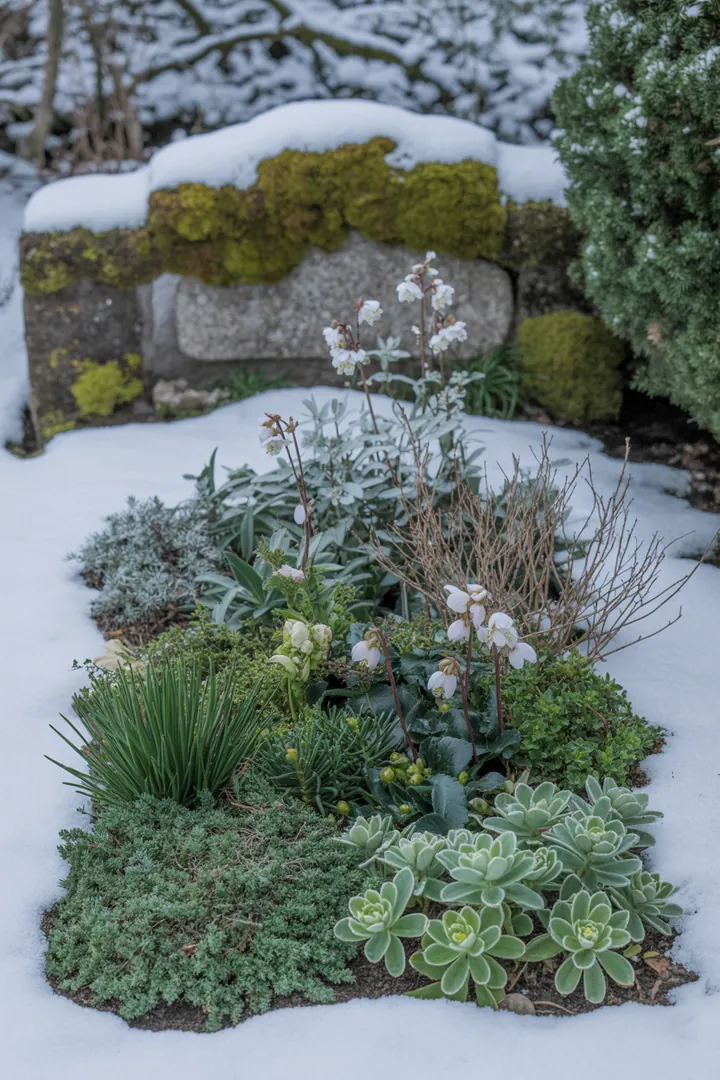 Vielfältige winterblühende Pflanzen, darunter robuste Hauswurz und pflegeleichte Immergrünarten, schaffen einen lebendigen, duftenden Garten mit Farbkontrasten und trockentoleranten Bodendeckern.