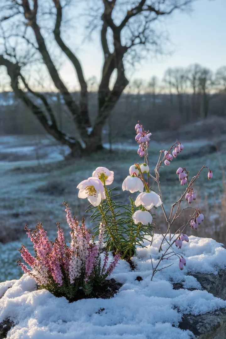 Nahaufnahme einer winterlichen Gartenlandschaft mit verschiedenen robusten Pflanzen, darunter eine elegante, blühende Pflanze, die kühle Temperaturen übersteht, sowie pflegeleichte Immergrünarten, die im Kontrast zur winterlichen Umgebung stehen.