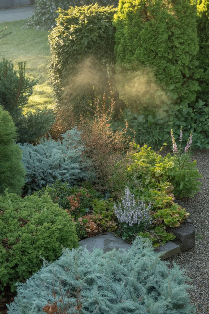 Ein winterlicher Garten mit verschiedenen Pflanzen, darunter robuste Blüten in sanften Farben, pflegeleichte Bodendecker und duftende Kräuter, die harmonisch miteinander wachsen.