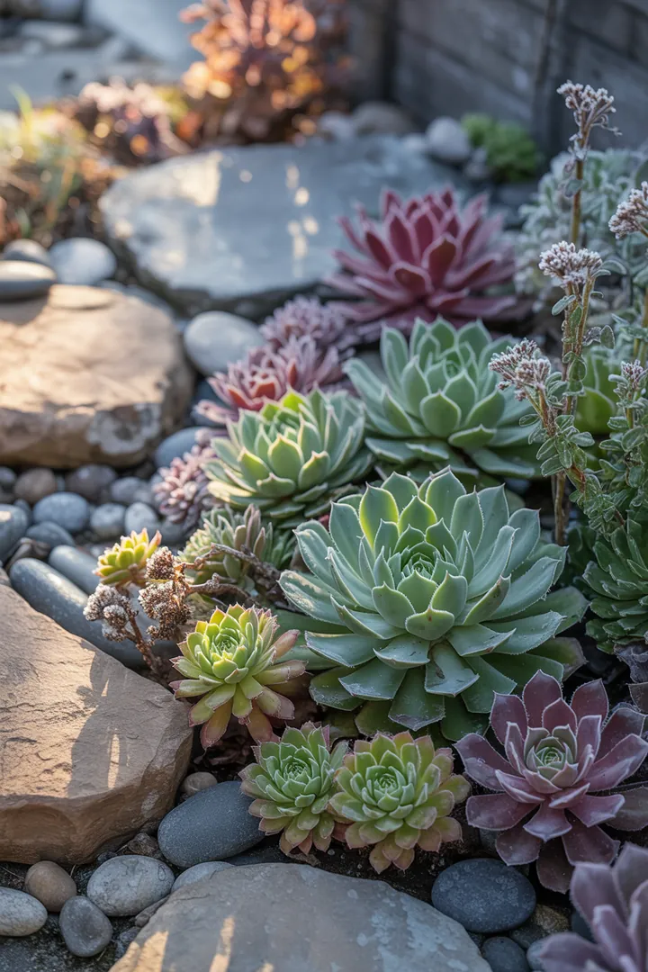 Buntes Wintergarten-Arrangement mit winterblühenden Pflanzen, pflegeleichten Bodendeckern und robusten, farbenfrohen Gewächsen, die Trockenheit schätzen.