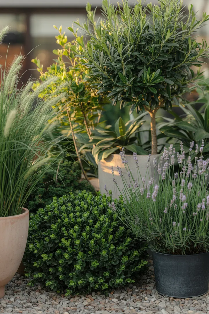 Vielfältige, immergrüne Pflanzen mit unterschiedlichen Blattformen und Farben, darunter duftende Blüten und schattentolerante Sorten, ideal für abwechslungsreiche Gärten.