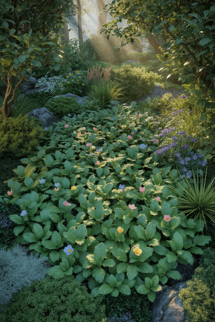 Grünes Arrangement mit verschiedenen immergrünen Pflanzen, darunter kompakte Sträucher, blühende Gewächse und Bodendecker, die das ganze Jahr über Farbe und Struktur bieten.