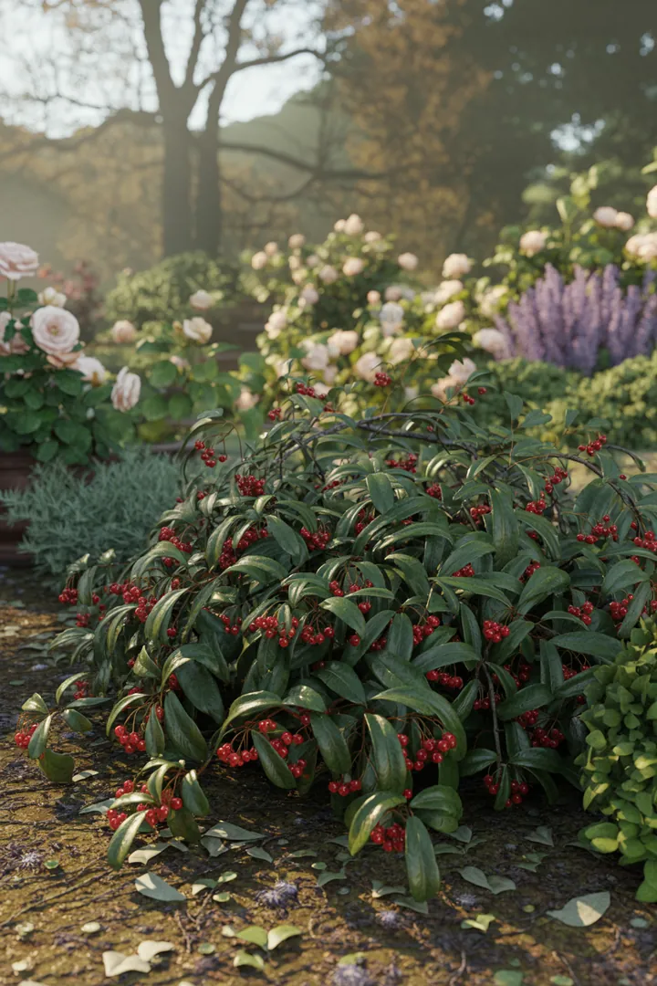 Vielfältige grüne Pflanzen mit unterschiedlichen Blattstrukturen und bunten Blüten, ideal für schattige Gärten und als dekorative Hecken.