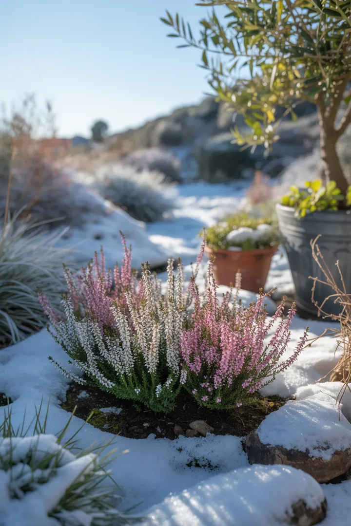 Vielfältige grüne Pflanzenarrangements mit immergrünen Arten, duftenden Blüten und buntem Laub, die eine harmonische Gartenlandschaft schaffen.