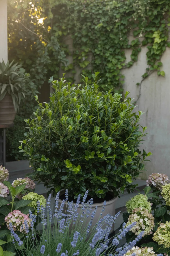 Vielfältige grüne Pflanzenarrangements mit immergrünen Arten, leuchtenden Beeren und duftenden Blüten, ideal für schattige Gärten und als Bodendecker.