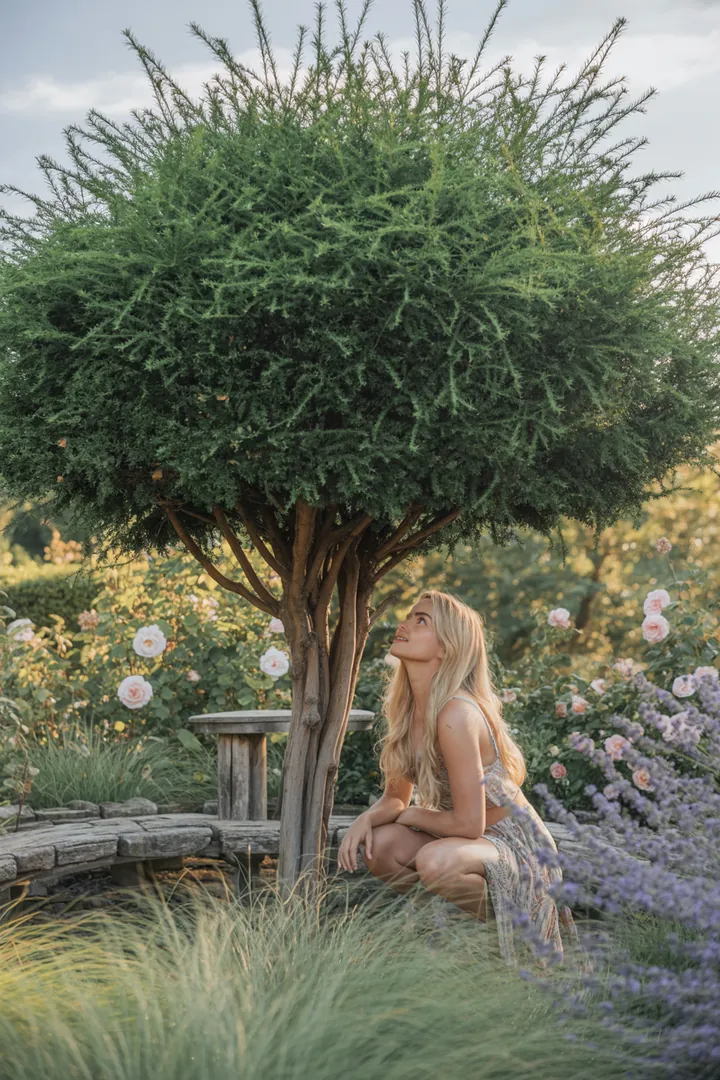 Eine vielfältige, immergrüne Pflanzenlandschaft mit buntem Laub, duftenden Blüten und roten Früchten, ideal für schattige Gärten und als Bodendecker.