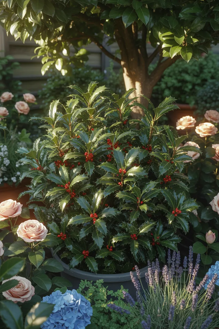 Landschaft mit verschiedenen immergrünen Pflanzen und bunten Blüten, ideal für schattige Gärten und ganzjährig attraktive Begrünung.