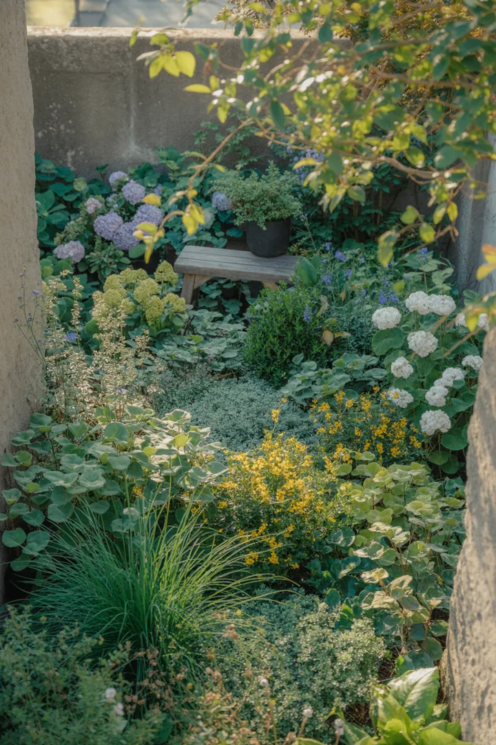 Vielfältige grüne Pflanzen mit verschiedenen Blattstrukturen und Blüten, ideal für Gärten und Schattenbereiche. Immergrüne Arten bieten ganzjährig Farbe und Struktur.