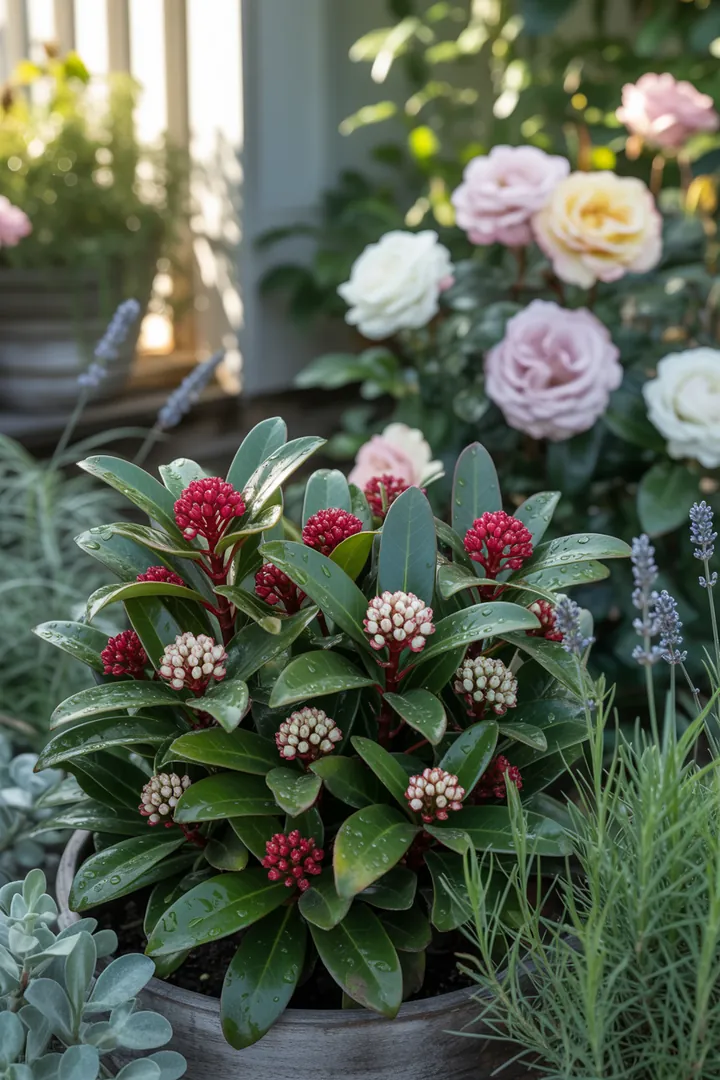 Ein vielfältiger, immergrüner Garten mit verschiedenen Pflanzenarten, darunter strahlende Beeren und duftende Blüten, die ganzjährig Farbe und Leben verleihen.