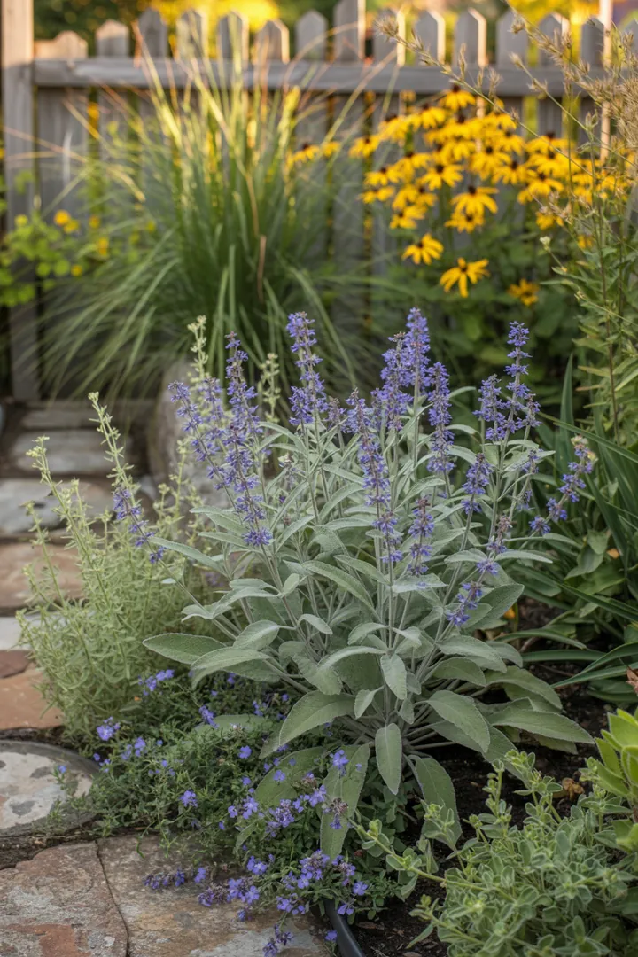 Ein blühendes Kräuterbeet mit aromatischen Pflanzen, darunter duftende Klassiker und frosttolerante Sorten, die eine Vielzahl von Texturen und Farben bieten.