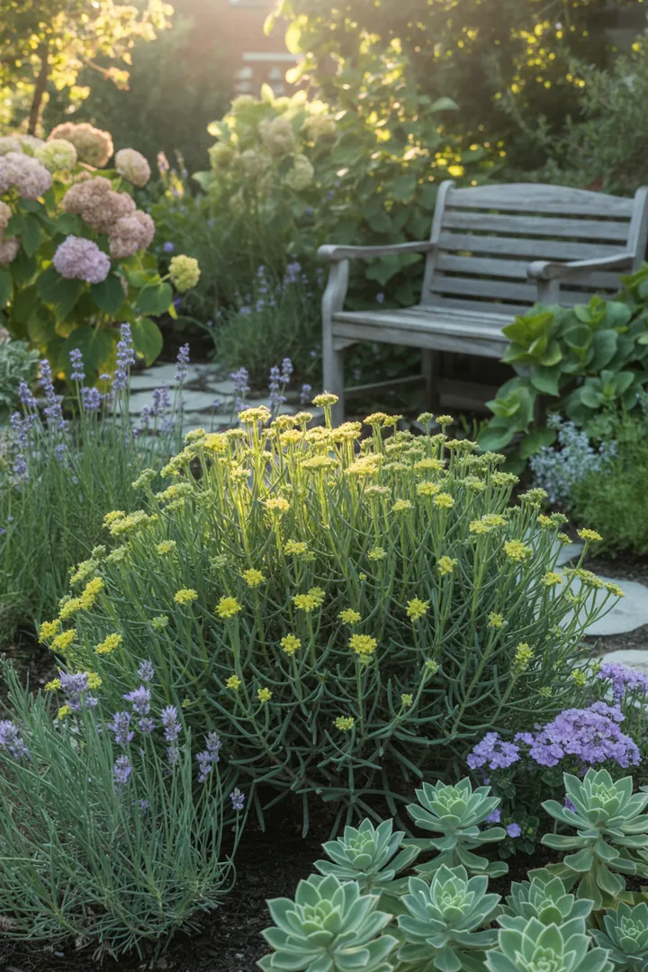 Bunte Gartenvielfalt mit duftenden Kräutern und silbrigem Laub, ideal für trockene Standorte und bienenfreundlich.