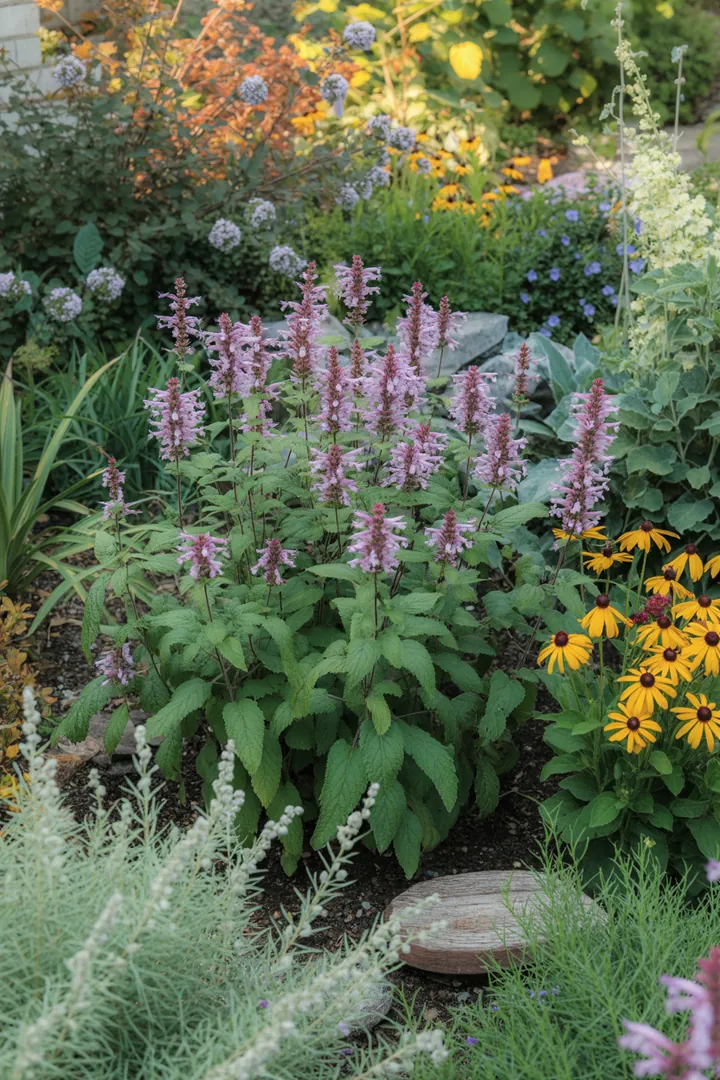 Bunte Kräuter- und Pflanzenvielfalt in einem Gartenbeet, ideal für mediterrane Landschaften, mit duftenden, robusten und pflegeleichten Sorten.