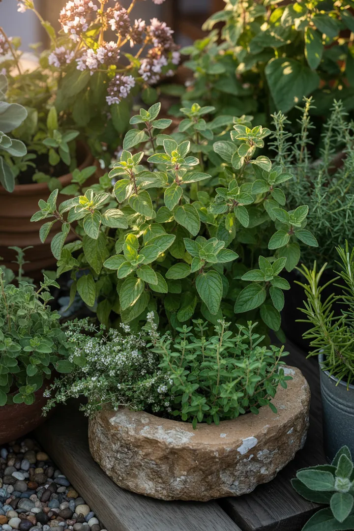 Bunte Gartenlandschaft mit verschiedenen aromatischen Pflanzen, darunter elegante silberne Blätter, duftende Kräuter und robuste Sträucher, die eine harmonische Atmosphäre schaffen.