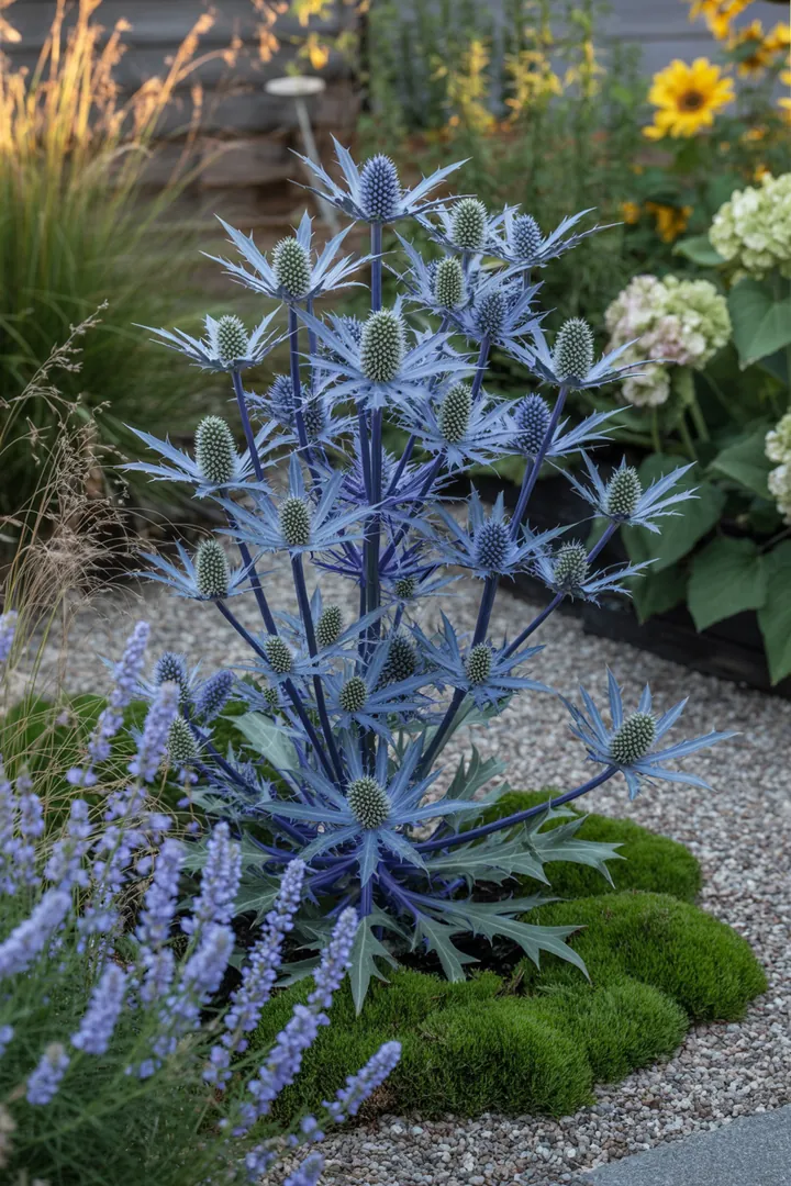 Bunte Kräutervielfalt im Garten mit duftenden Pflanzen, silbrigem Laub und blühenden Akzenten, ideal für trockene Standorte und Bienenfreundlichkeit.
