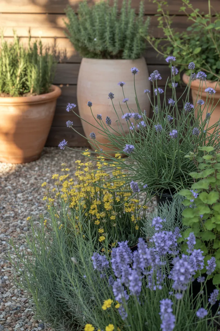 Bunte Kräuter- und Pflanzenvielfalt in einem sonnigen Gartenbeet, mit silbernen Blättern und duftenden Aromen, die Bienen anziehen.