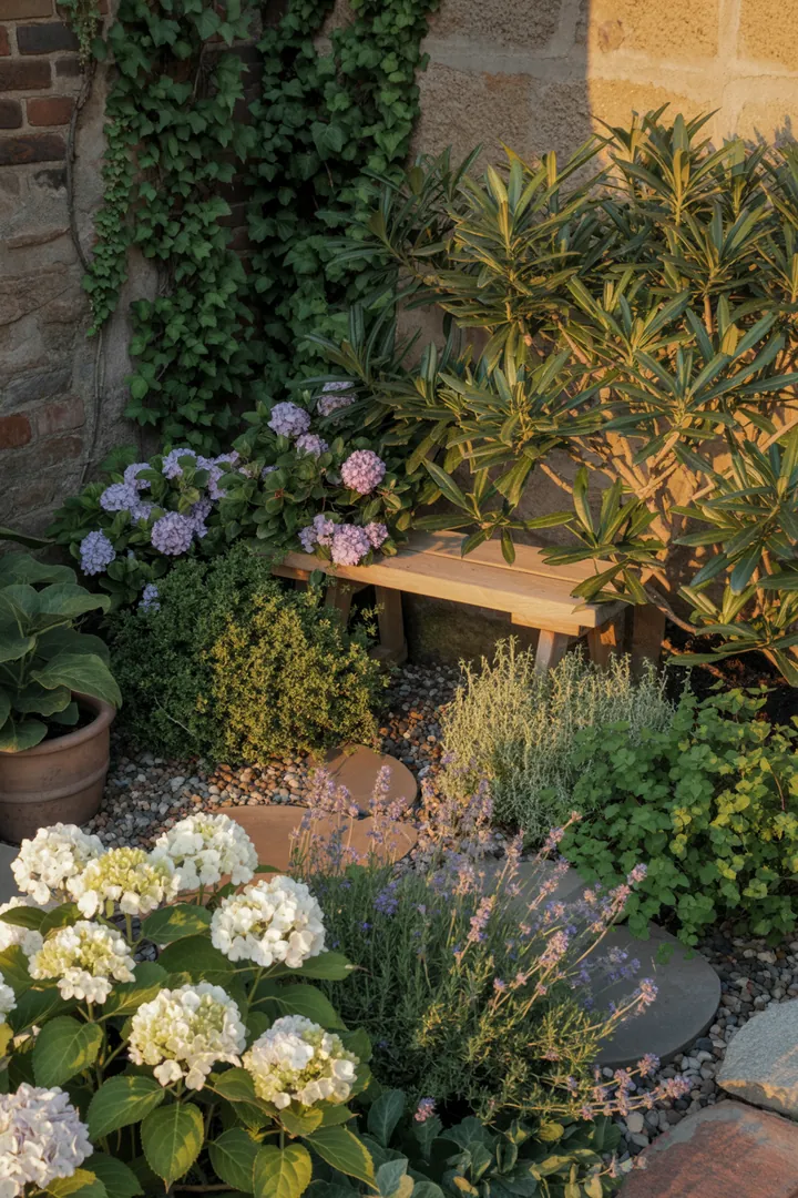 Bunte Kräuter- und Pflanzenvielfalt in einem Gartenbeet, darunter duftende und aromatische Sorten mit silbernem Laub, ideal für trockene Standorte und bienenfreundlich.