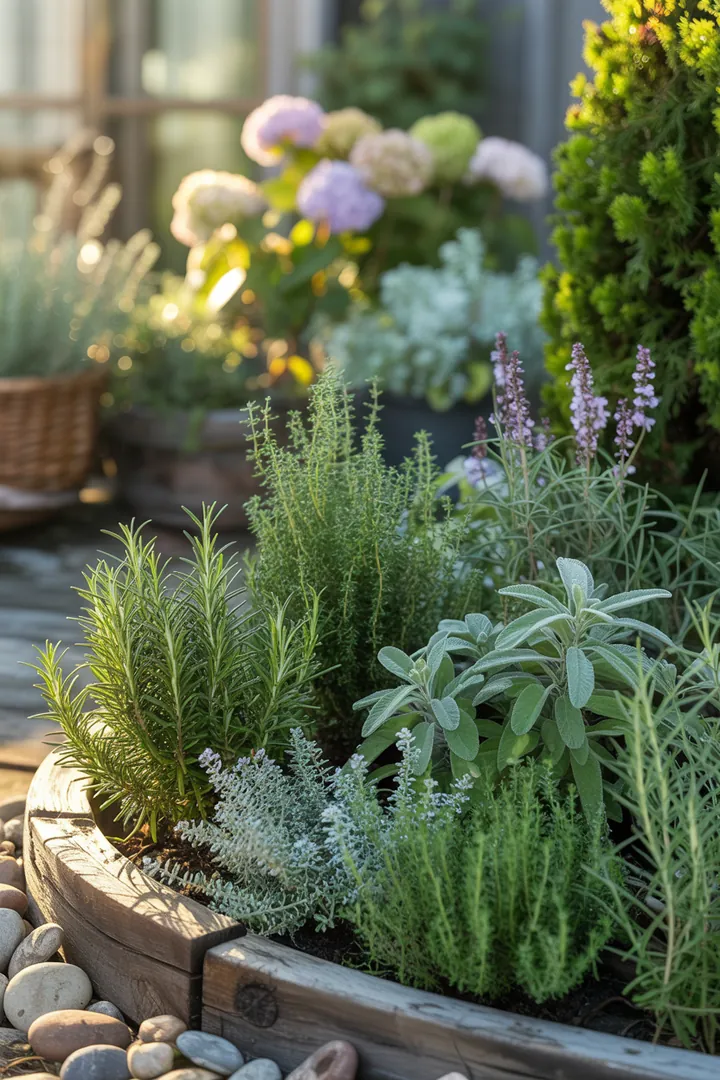 Bunte, duftende Kräuter und Pflanzen in einem sonnigen Gartenarrangement, ideal für trockene Standorte und Bienenfreundlichkeit, mit silbrigem Laub und strahlenden Farben.