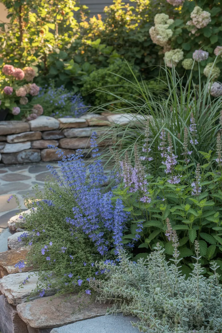 Bunte Kräutervarietäten mit silbernem Laub und strahlenden Blüten in einem sonnigen Garten, ideal für duftende, trockene Standorte und bienenfreundliche Lebensräume.