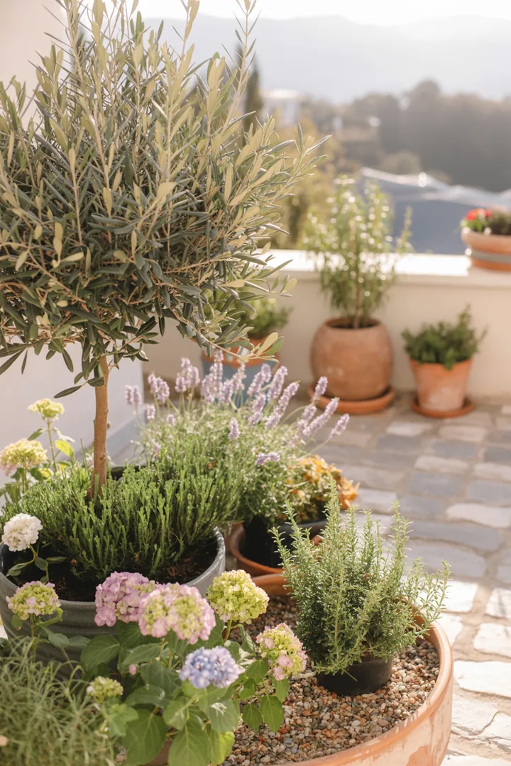 Buntes Kräuterbeet mit verschiedenen aromatischen Pflanzen, darunter duftende Sorten, frostresistente Arten und solche mit silbrigem Laub. Ideal für trockene Standorte und bienenfreundlich.