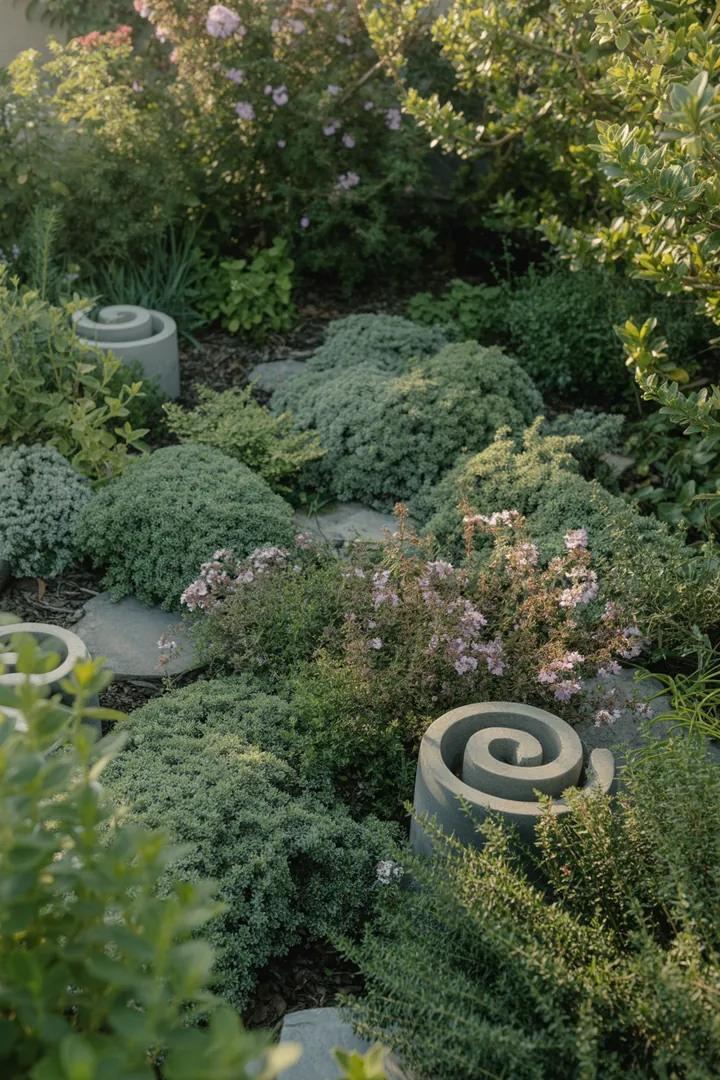 Bunt blühendes Kräuterbeet mit einer Vielfalt an duftenden und aromatischen Pflanzen, darunter robuste Sorten für trockene Standorte und bienenfreundliche Pflanzen.