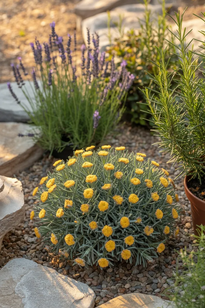 Ein üppiger mediterraner Garten mit verschiedenen Pflanzen, darunter duftende Kräuter und silbrige Laubstrukturen, die eine harmonische und bienenfreundliche Atmosphäre schaffen.