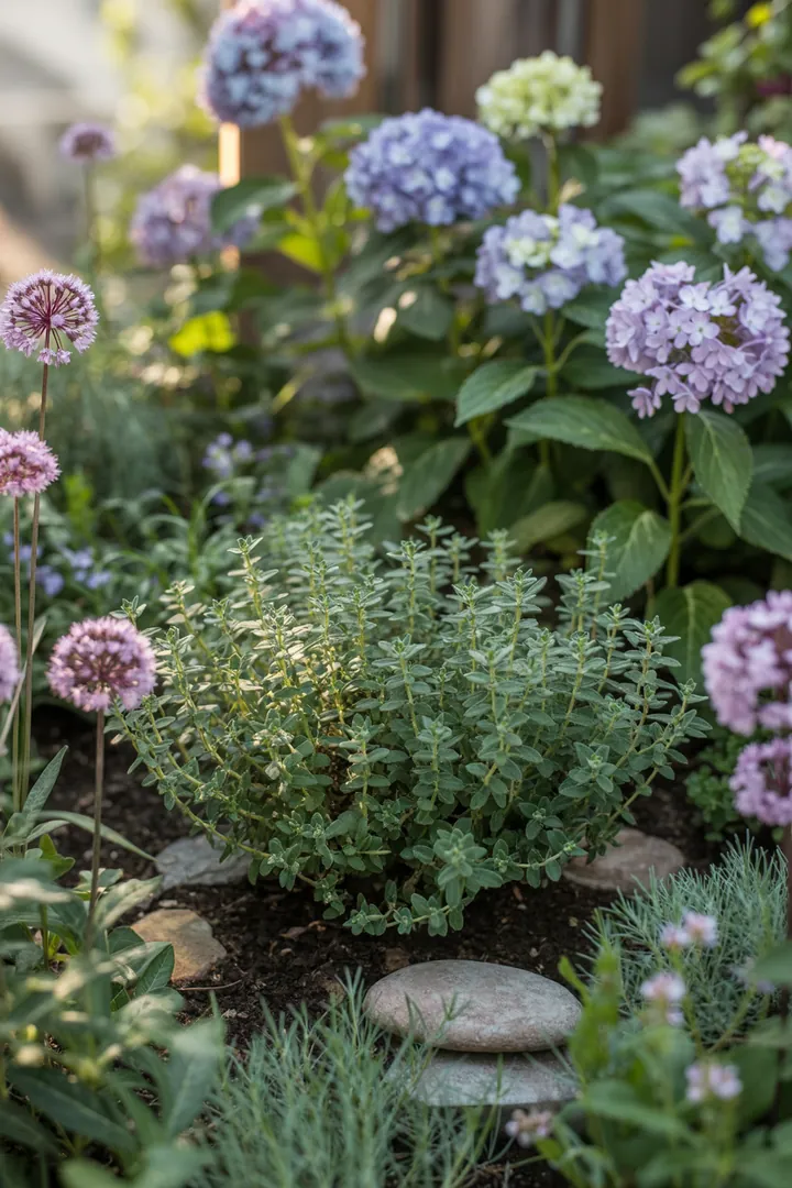 Ein Gartenarrangement mit verschiedenen aromatischen Pflanzen, darunter duftende Kräuter und robuste, frosttolerante Sorten, die in der Sonne gedeihen. Silbriges Laub und strahlende Farben schaffen eine harmonische, pflegeleichte Oase.