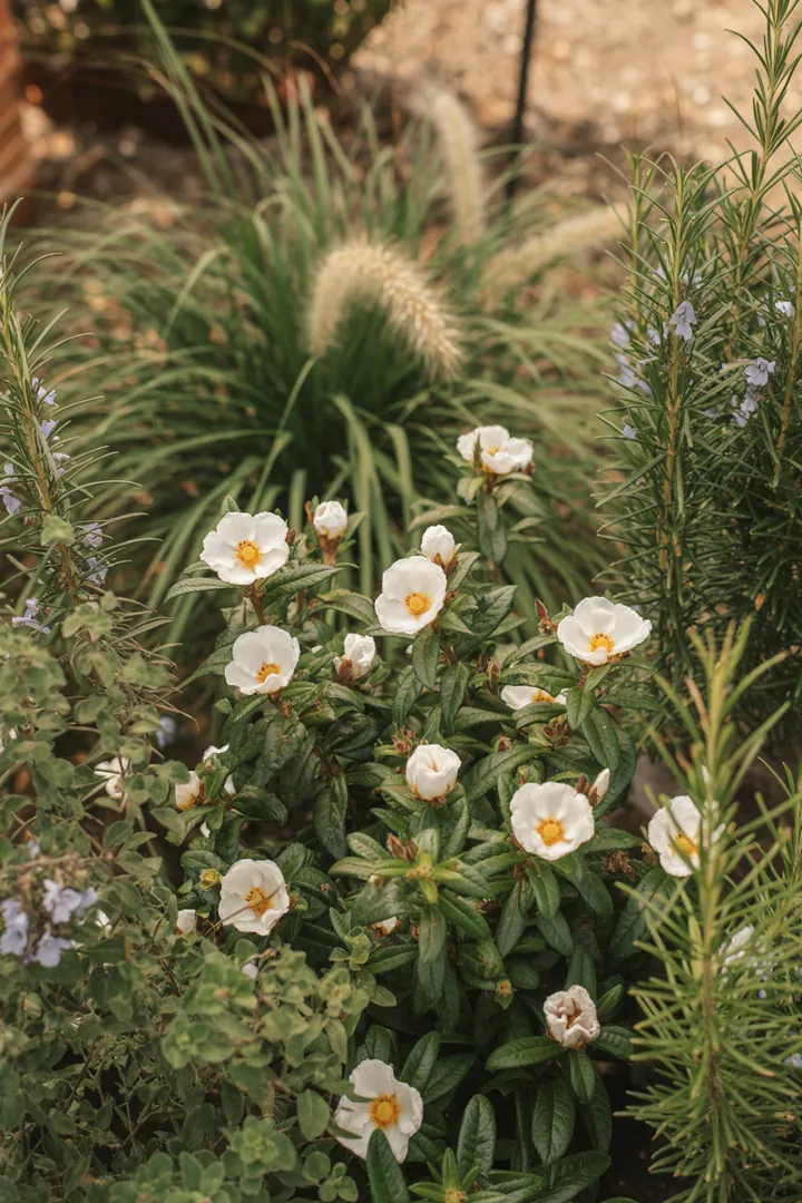 Buntes Kräuterbeet mit duftenden Pflanzen und silbrigem Laub, ideal für trockene Standorte und Bienenfreundlichkeit.