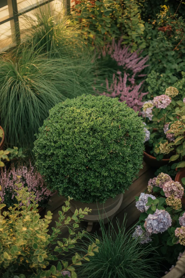 Bunte Gartenlandschaft mit kompakten, duftenden Pflanzen, darunter immergrüne Sträucher und auffällige Blattfarben, ideal für pflegeleichte Gestaltung.