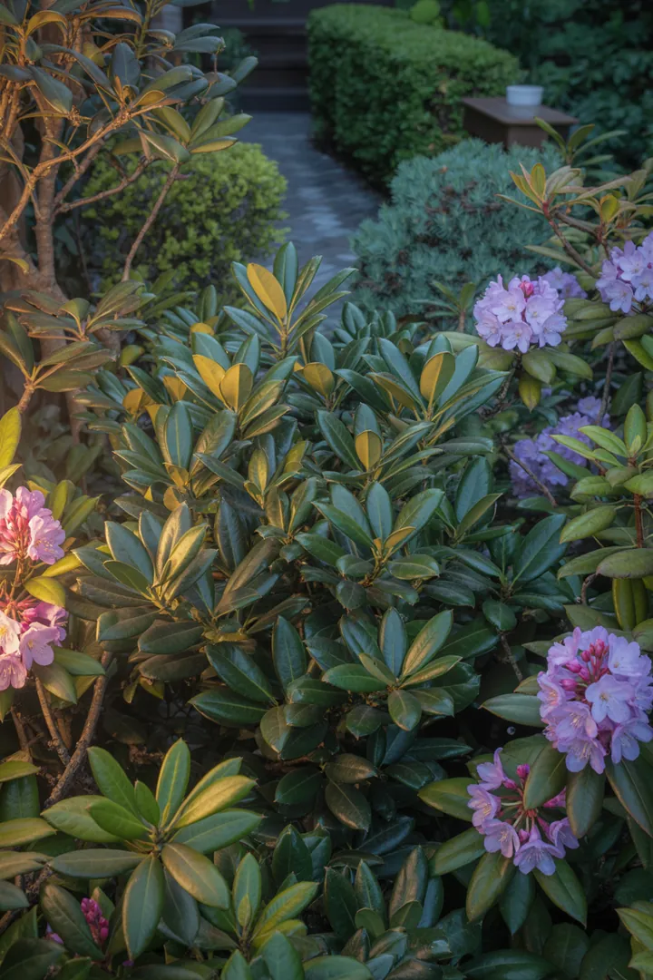 Ein ansprechender Garten mit verschiedenen Pflanzen: kompakte, duftende Sorten, immergrüne Arten mit auffälligen Blättern und pflegeleichte, bunte Bodendecker in harmonischer Vielfalt.