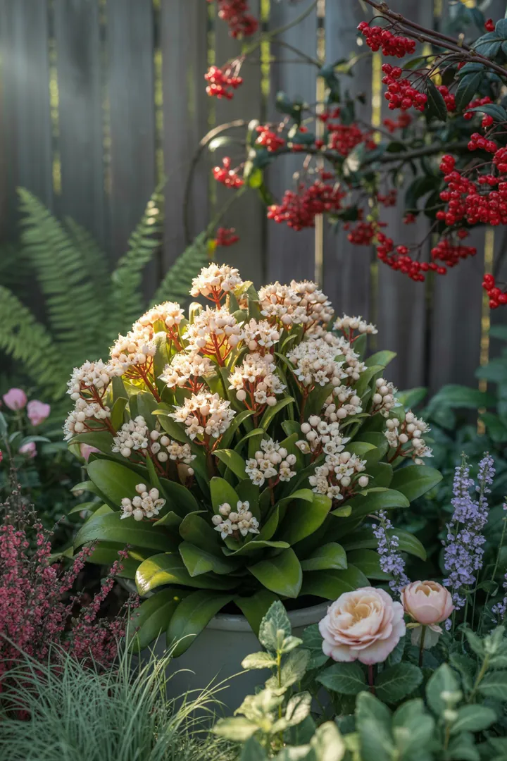 Ein lebendiger Garten mit verschiedenen Pflanzen: kompakte, duftende Arten, auffällige rote Blätter, immergrüne Sträucher und pflegeleichte, bunte Bodendecker.