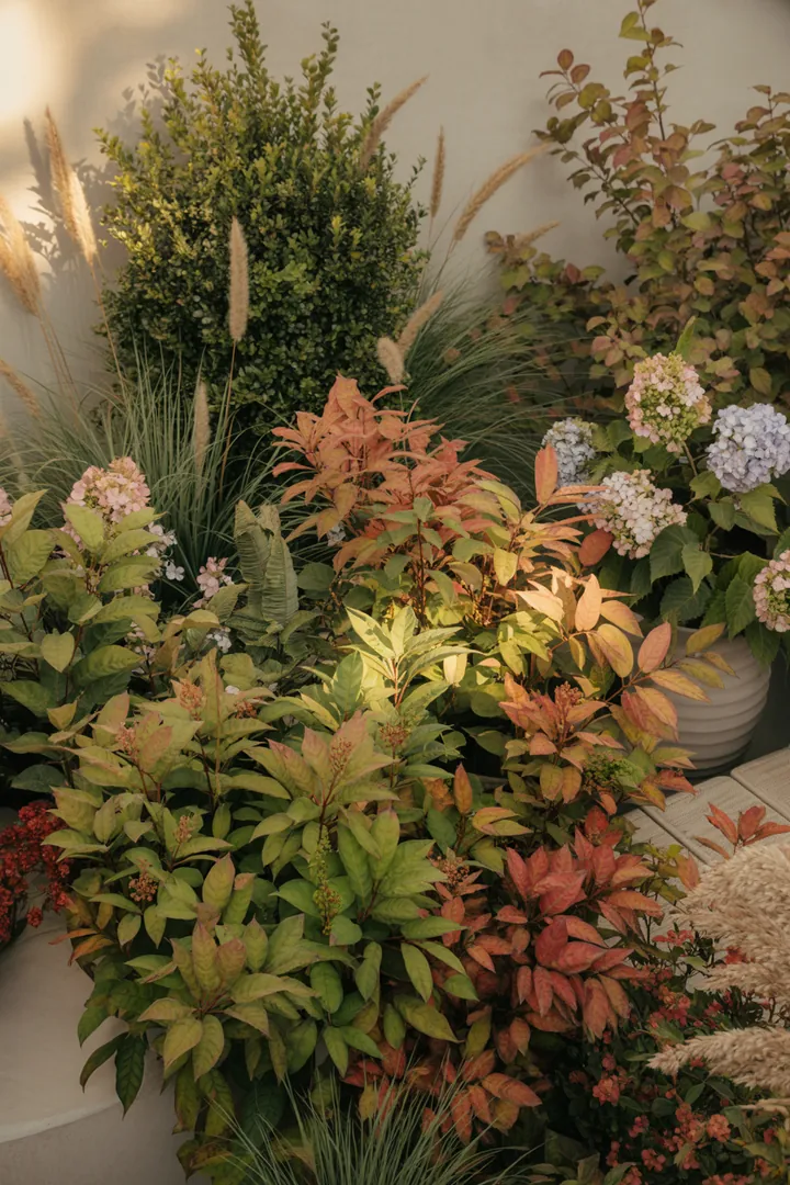 Buntes, immergrünes Gartenarrangement mit kompakten Pflanzen, das duftende Blüten und auffällige, farbige Blätter kombiniert. Ideal für pflegeleichte, schattige Bereiche.