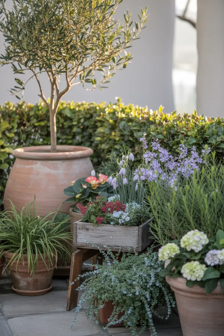 Ein üppiges Blumenbeet mit verschiedenen immergrünen Pflanzen und buntem Laub, darunter kompakte, duftende Sträucher und auffällige rote Blätter, die das ganze Jahr über Farbe und Struktur bieten.