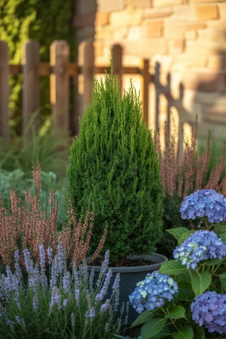 Ein farbenfrohes Arrangement aus verschiedenen Pflanzen, darunter kompakte, duftende Arten und immergrüne Sträucher mit auffälligen Blättern und zarten Blüten, ideal für pflegeleichte Gärten.
