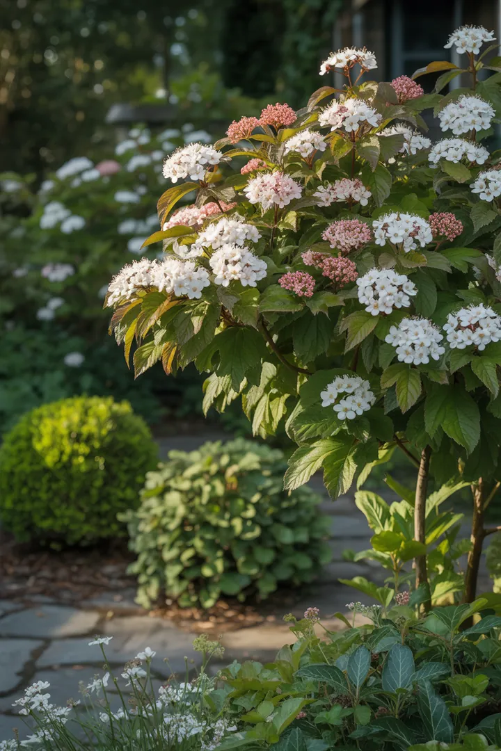 Buntes Gartenarrangement mit duftenden Pflanzen und immergrünen Sträuchern, die farbenfrohe Akzente setzen und pflegeleicht sind. Ideal für abwechslungsreiche Gärten.